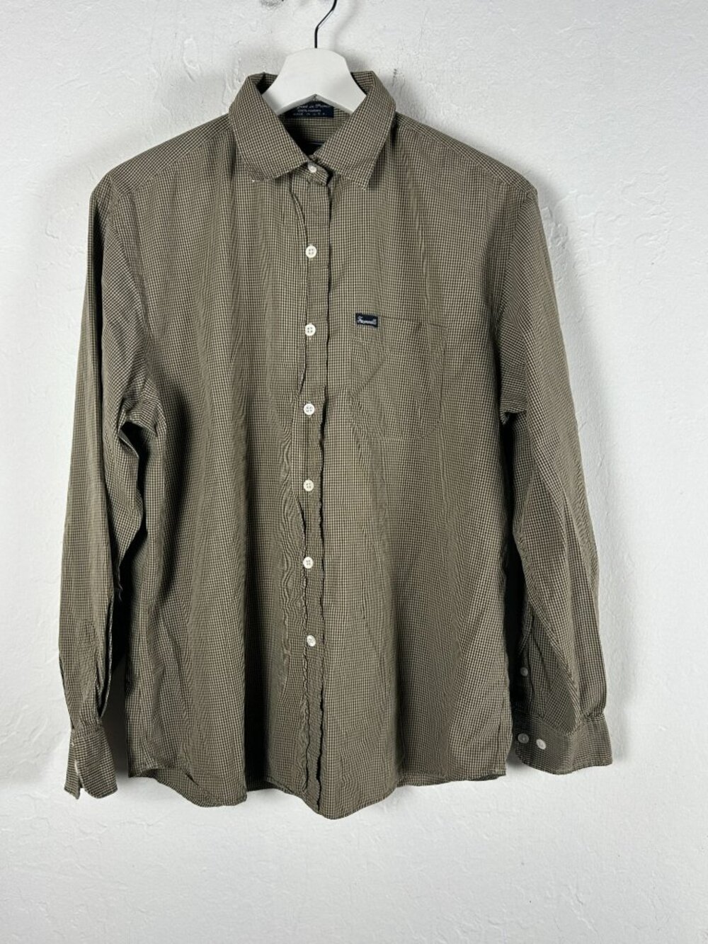 Faconnable Mens Brown White Gingham Cotton Button-Up Shirt Long Sleeves Large
